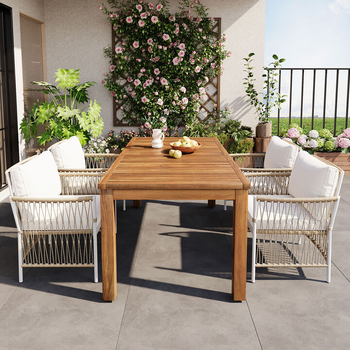 Whisen Outdoor 5-Piece Wooden Dining Set, PE Rattan Arm Chairs, 67'' Rectangular Table for Poolside, Garden