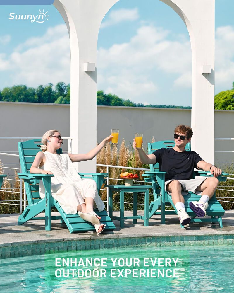 SUUNYN Folding Adirondack Chairs Set of 2,Adirondack Chair with Retractable Ottoman,Plastic Adirondack Chairs with 2 Cup Holder,