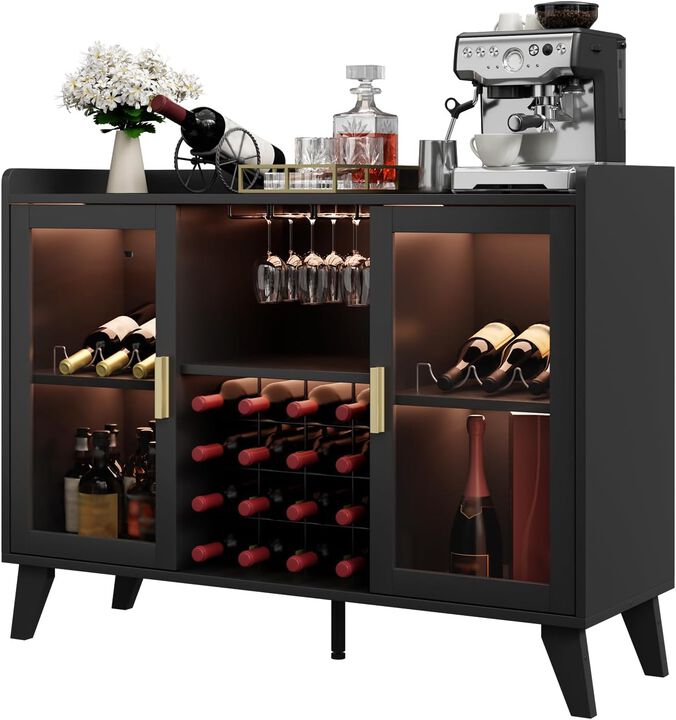 Wine Bar Cabinet with LED Light, 47in Home Coffee Cabinet with 16-grid Wine Rack, Glass Holder, Black