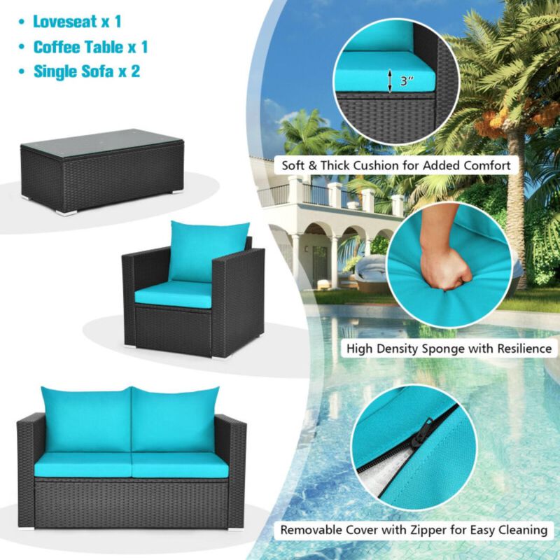 Hivvago 4 Pieces Patio Rattan Conversation Set with Padded Cushion