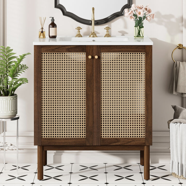 ELEMENT ACE Space-Saving Natural Bamboo Vanity with Handwoven Rattan Doors