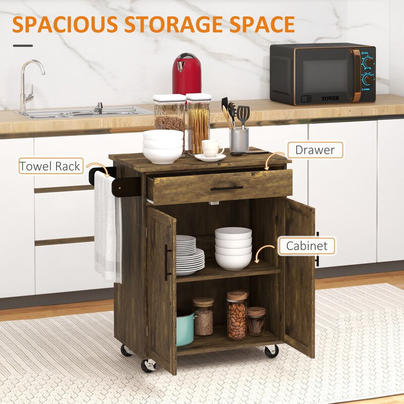 Rustic Brown Kitchen Cart: Drawer, Cabinet, Towel Rack, Wheeled