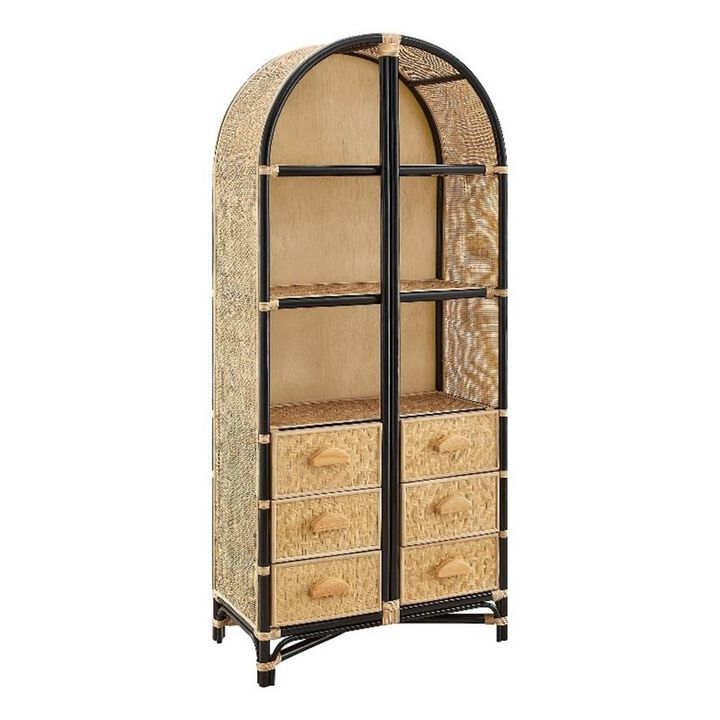 Modway Tall Arched 71 Inch Wood and Natural Rattan Bookcase with Storage in Natural Black &ndash; Tall Bookshelf Cabinet with 6 Drawers and 3 Open Shelves, for Living Room or Bathroom