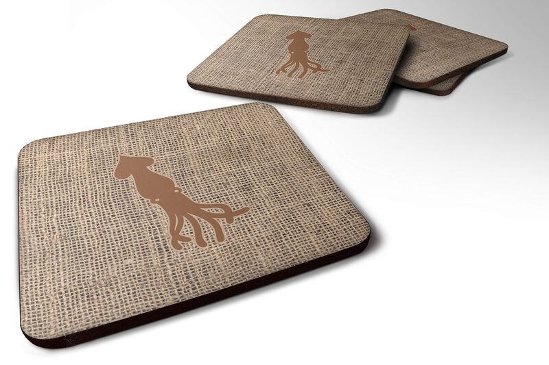 Caroline's Treasures BB1096-BL-BN-FC Squid Burlap and Brown Foam Coasters (Set of 4), 3.5 H x 3.5 W, Multicolor