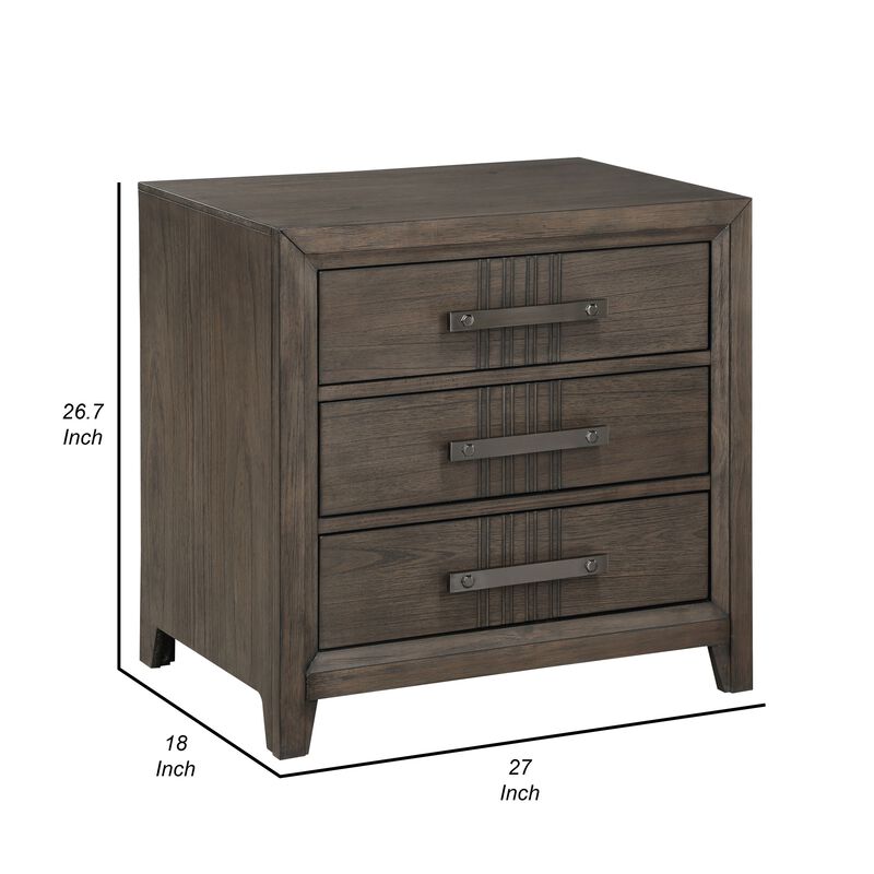 27 Inch Rustic Nightstand, 2 Drawers, Gray Metal Handles, Rich Brown Wood - Benzara