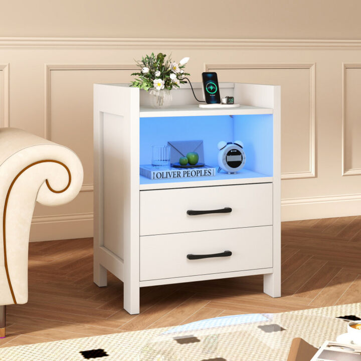 White 23.5 Inches Nightstand with Charging Station and Open Shelf Storage
