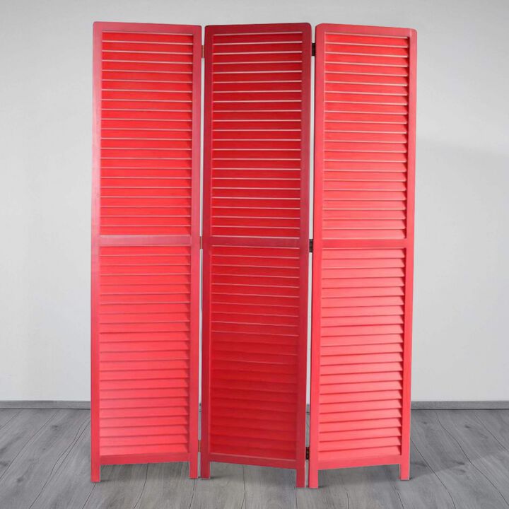 Transitional Wooden Screen with 3 Panels and Shutter Design, Red-Benzara