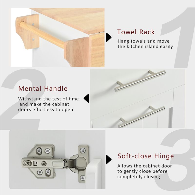 Whisen Kitchen Island with 3 Tier Pull Out Cabinet and 2 Drawers - White