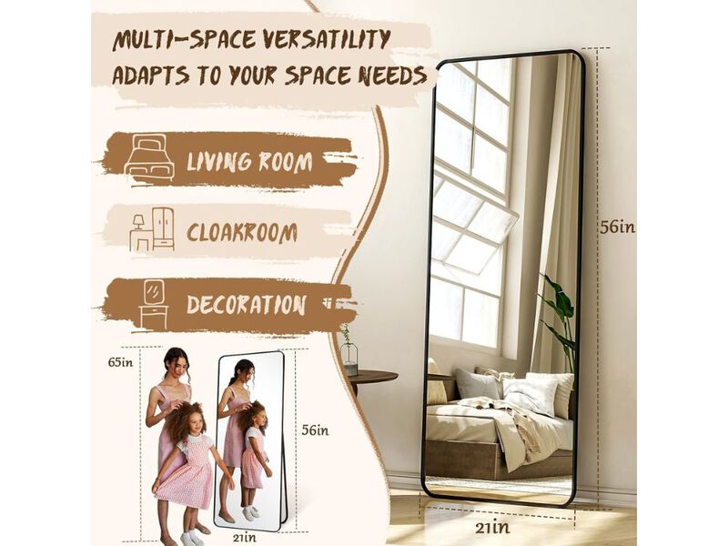 Full Length Floor Mirror 56x21 Inch Black Rounded Corner Standing Wall Mirror image number 2