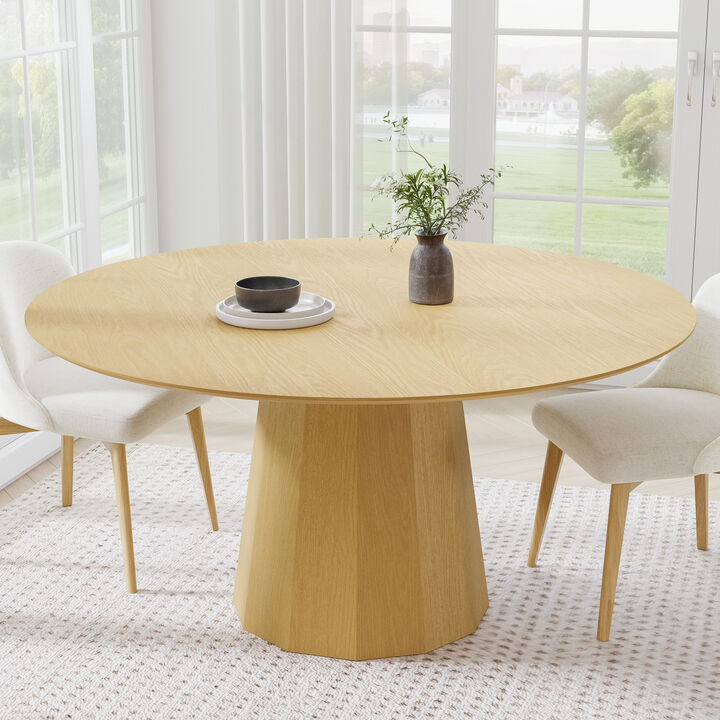 60 Inch Original Color Beveled Edge Round Wooden Dining Table Seats 4-6 People, Suitable for Living Room and Dining Room