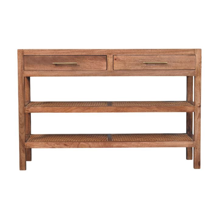 Artisan FurnitureSolid Wood Woven Tier Console,Brown,2-Drawers,2-Shelf