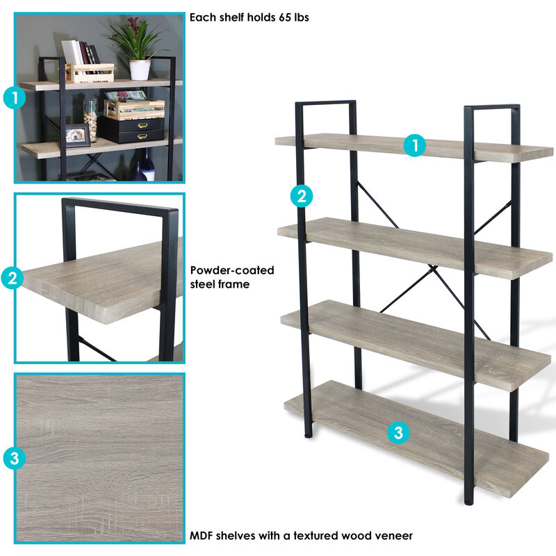Sunnydaze 4-Tier Industrial Open-Shelf Bookshelf