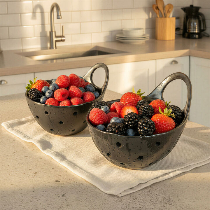 Black Reactive Glaze Stoneware Colanders, Set of 2