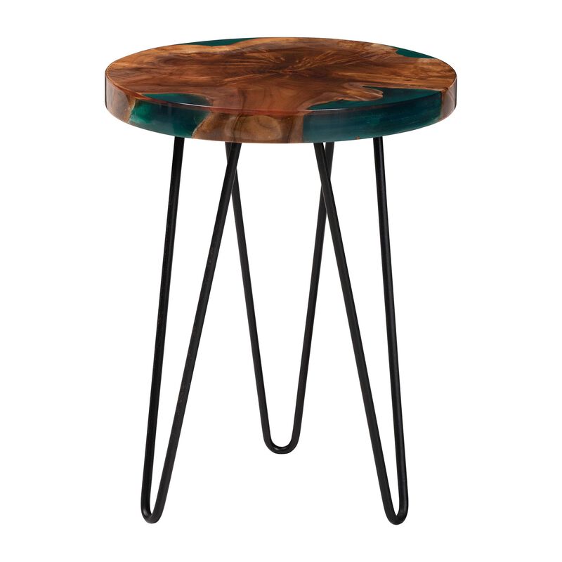 bali & pari Anan Teak Wood Epoxy Resin End Table - Round Live Edge Side Table with Black Metal Legs, Handcrafted Modern Rustic Accent Table for Living Room or Bedroom, Round