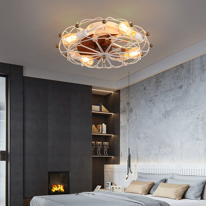 Modern Industrial 20-Inch White Caged Ceiling Fan &ndash; Reversible 6-Speed, with Light Kit & Remote