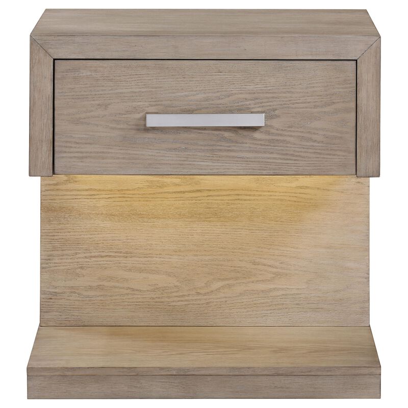 Keno Nightstand, 27 Inch Brown Acacia Wood, Storage Drawer, LED Light - Benzara