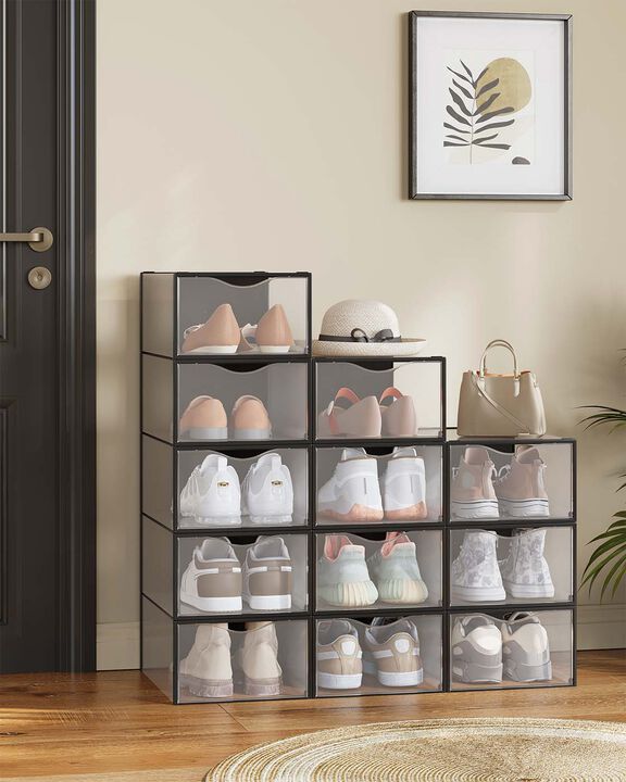 12 Piece Plastic Shoe Storage Boxes Stackable with Front Opening