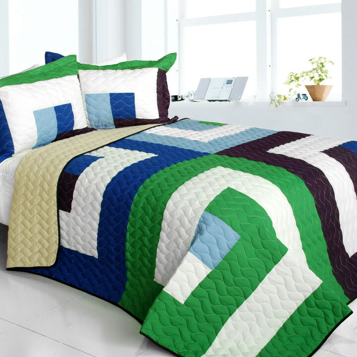 3 Pieces Reversible Geometric Quilt Set with Vermicelli Stitching