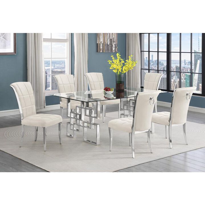 7-piece glam dining set with 6 cream chairs and a 79" long glass dinng table