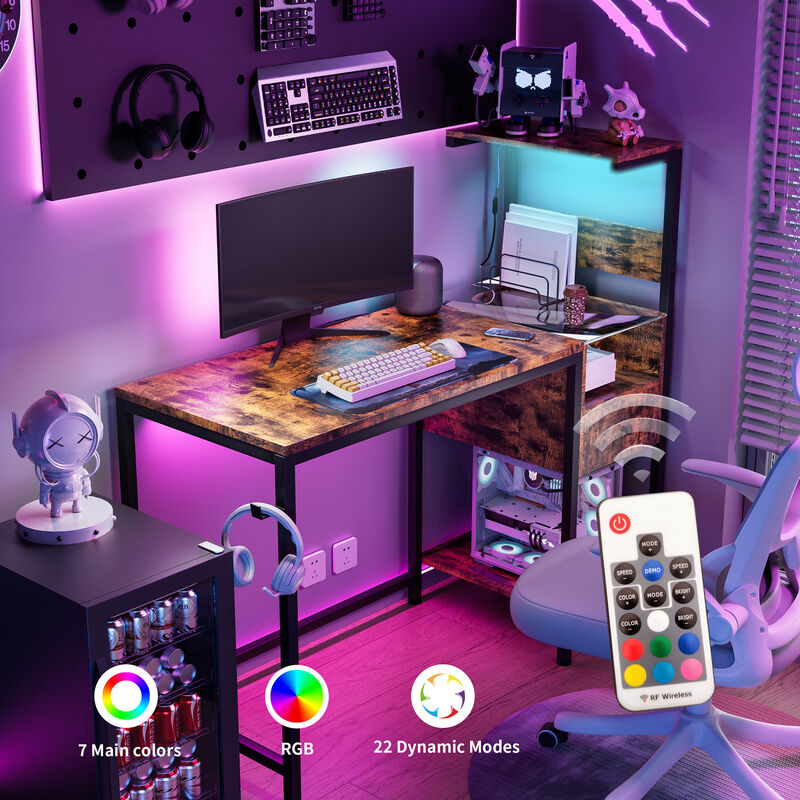 Computer Desk with Power Outlets & LED Lights, 48" Gaming Desk with Storage Shelves & USB Charging Station, Reversible Home Office Desk