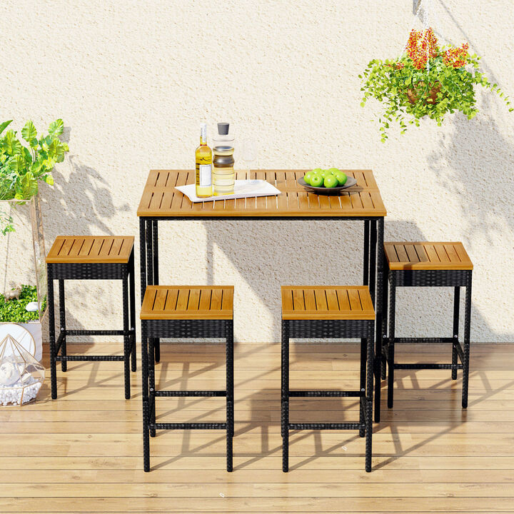 GO 5-Piece Outdoor Patio Wicker Bar Set, Square Stool Set, Foldable Tabletop, Acacia Wood Tabletop