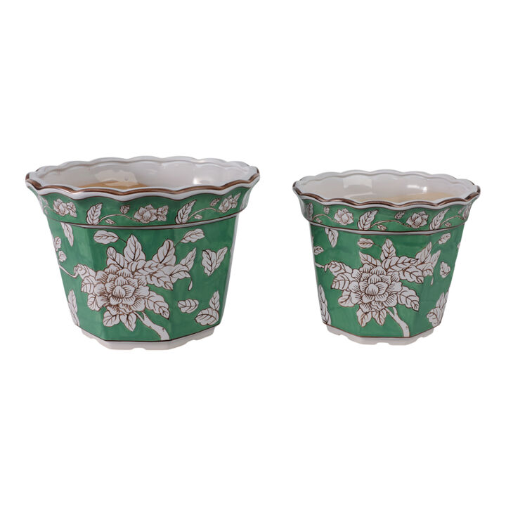 S/2 10/12  Flower Chinoiserie Planters,green