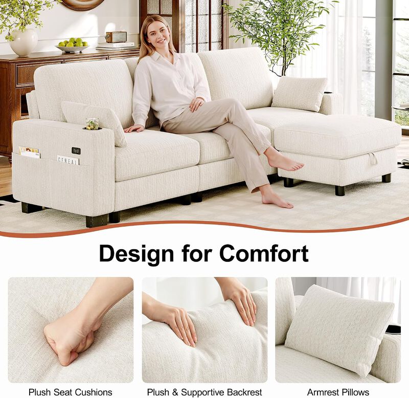 Vipbear 100 Inch Modular Sectional Sofa, Soft Chenille L Shaped Couch with Moveable Storage Ottoman image number 2
