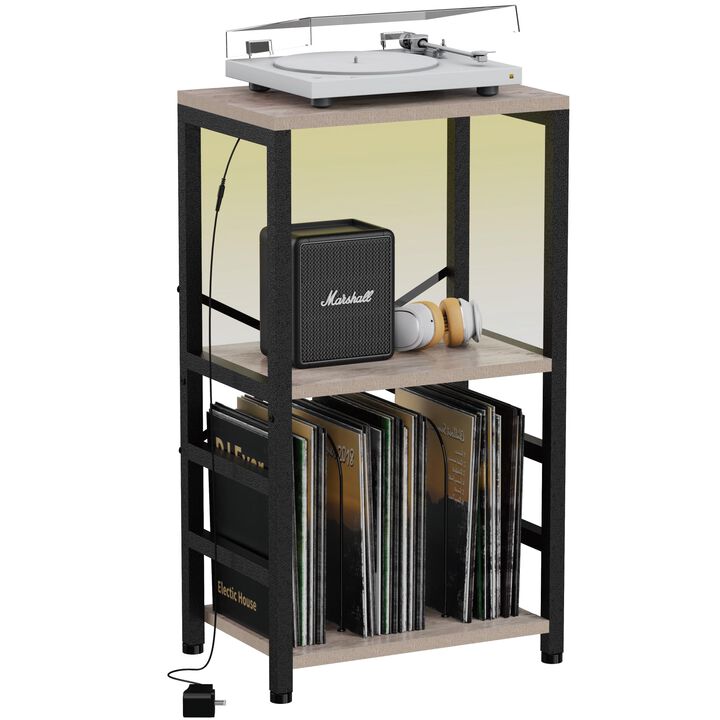 YAKANJ End Table with LED Light,Record Player Stand with Albums Storage,Vinyl Records Storage,Turntable Stand Side Table for Mus