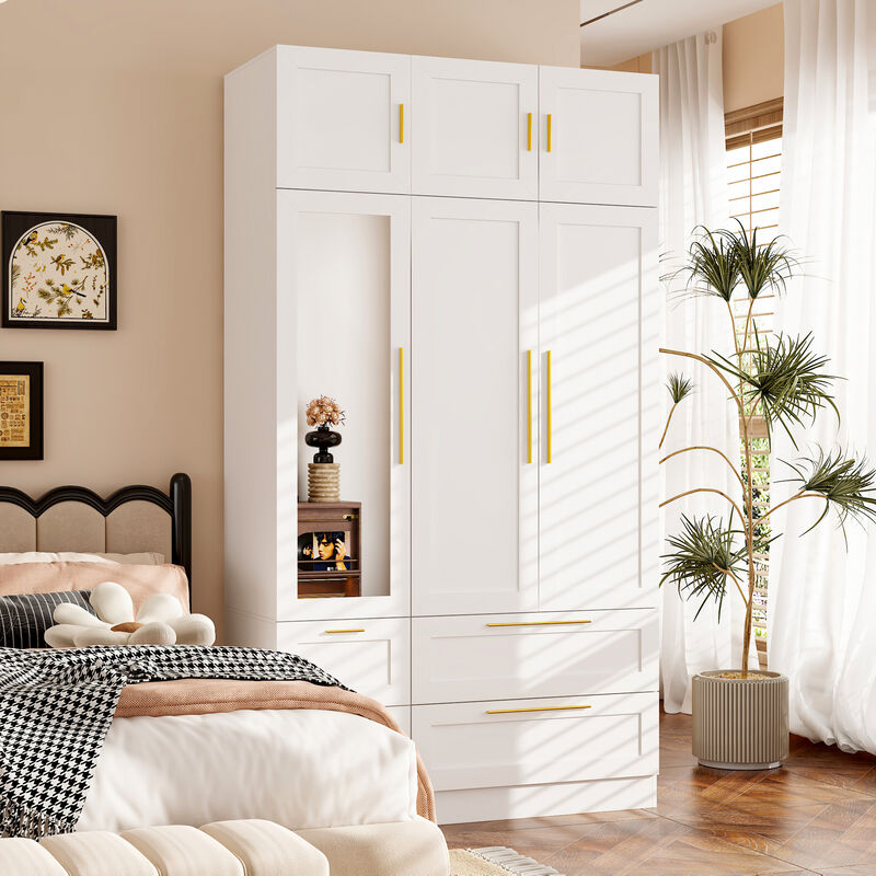 FUFU&GAGA Modern Wardrobe with Gold Handles, Spacious Storage and Hanging Rods (47" W x 20.5" D x 86.7" H),White