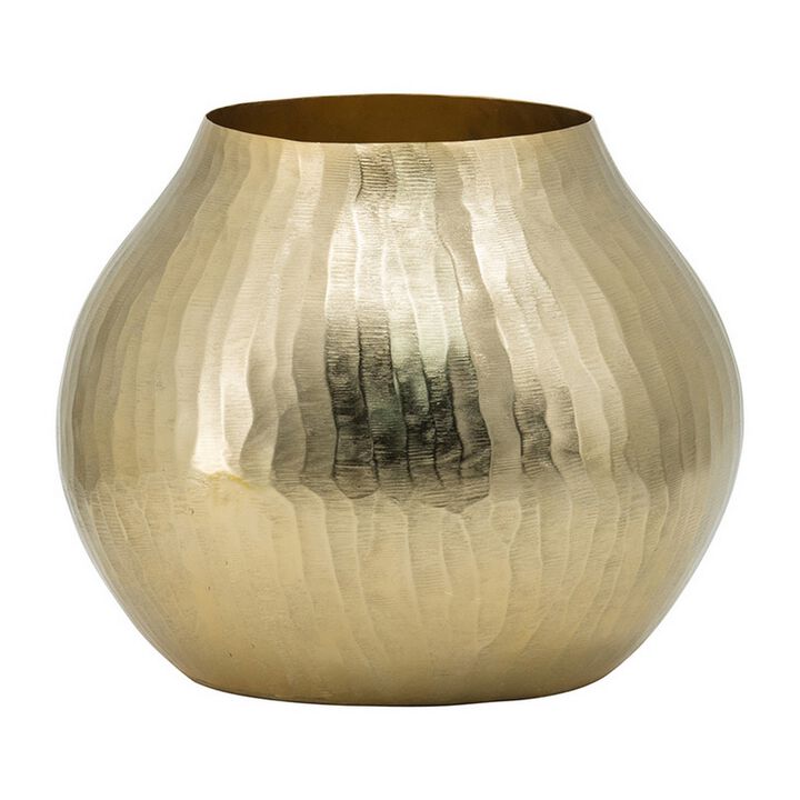Kria 11 Inch Modern Curved Vase, Hammered Texture, Gold Aluminum Finish - Benzara