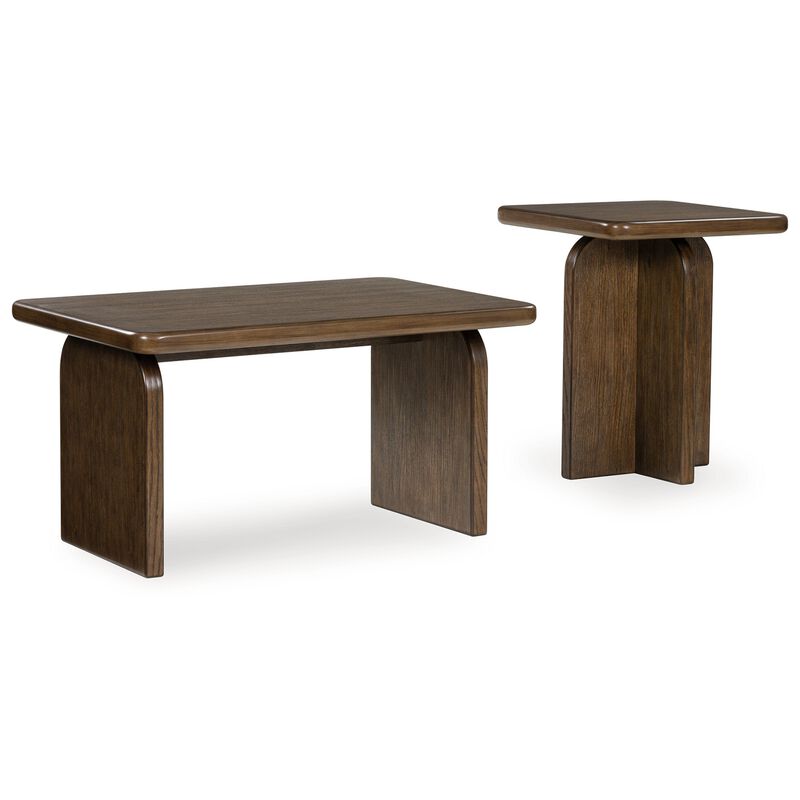 Medy 2pc Coffee and End Table Set, Wide Geometric Base, Textured Brown