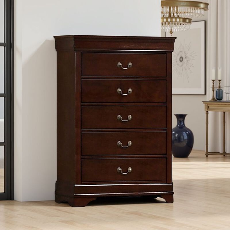 Ryla Tall Dresser Chest, 5 Drawers, Metal Handles, Cherry Brown Solid Wood - Benzara