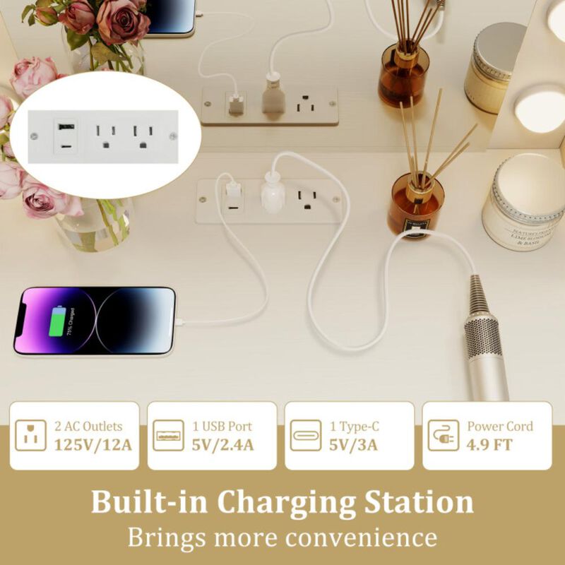 Hivvago Compact Vanity Desk Set with 3-Color Lighted Mirror and Power Outlets