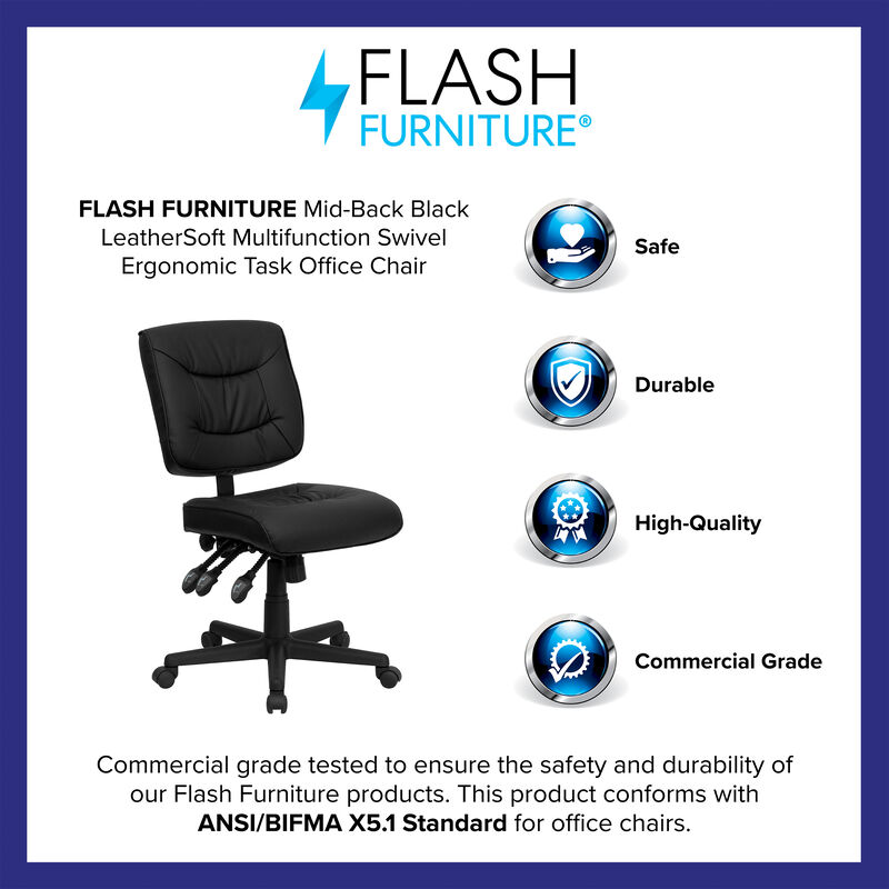 Cole Mid-Back Black LeatherSoft Multifunction Swivel Ergonomic Task Office Chair image number 3