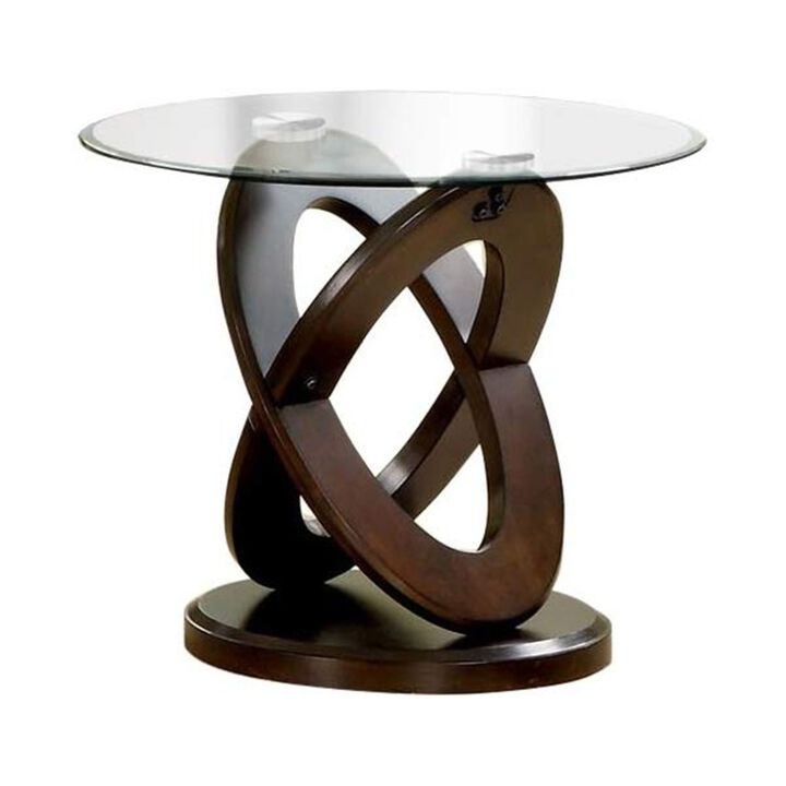 Cross Oval Base End Table with Round Glass Top, Brown and Clear-Benzara