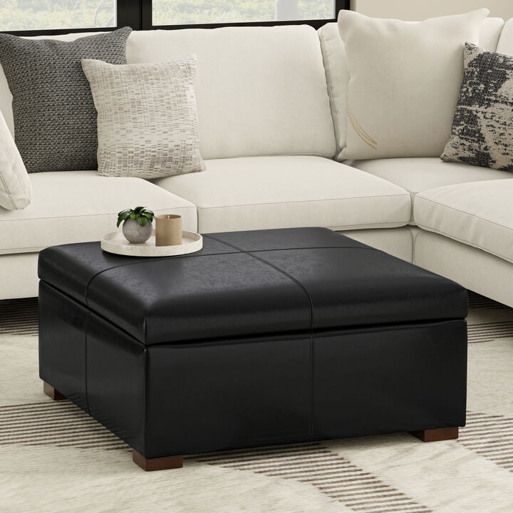 Gabbie 36 inch Wide Contemporary Square Square Coffee Table Storage Ottoman in  Midnight Black PU Black faux leather, Assembled