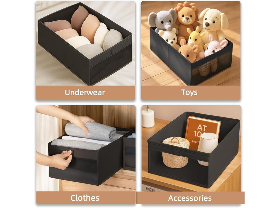 6 Pack Storage Bins with Clear Window Foldable Closet Shelf Organizer Black