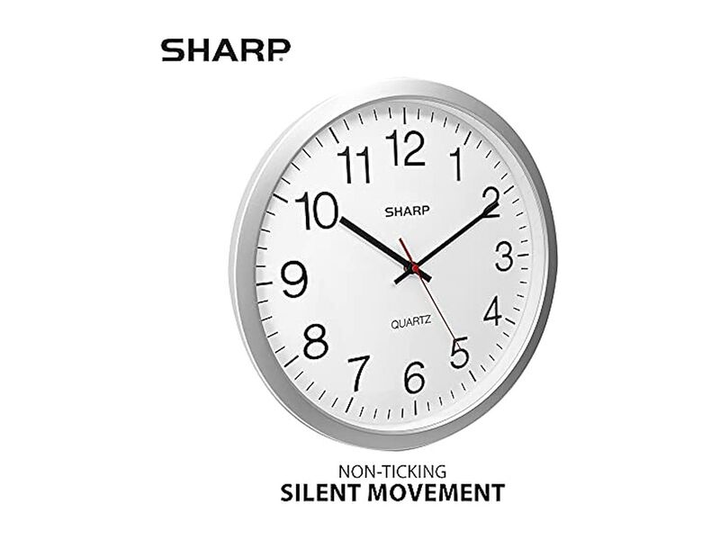 Sharp Silver Sweep Wall Clock 14 Inch Silent Non Ticking Easy Read Kitchen Decor image number 1