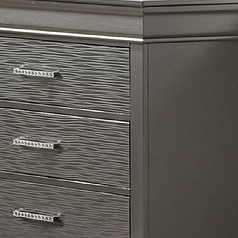 Jean Wide Dresser Chest, 6 Drawers, Chrome, Dark Gray Solid Wood - Benzara