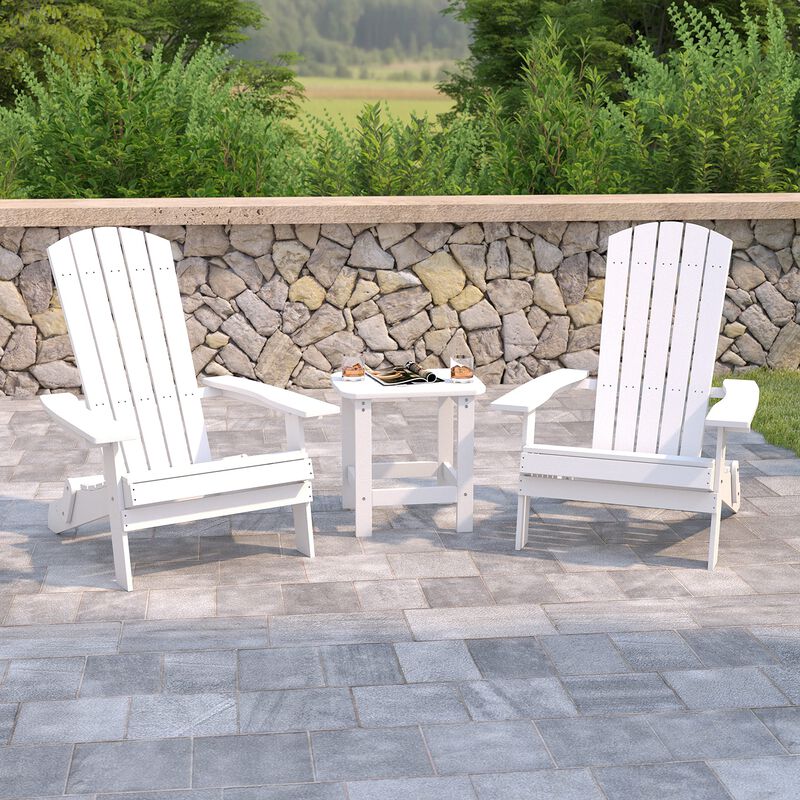Flash Furniture 2 Pack Commercial All-Weather Poly Resin Folding Adirondack Chair with Side Table
