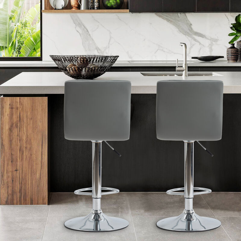 Grey High Grey Chrome Metal Frame Adjustable Cushioned Bar Stool with Leather Seat (Set of 2)