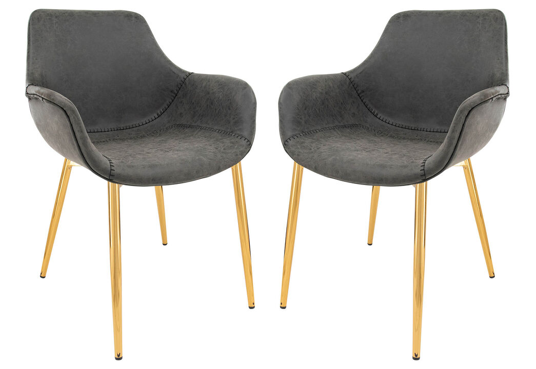 LeisureMod Markley Modern Leather Dining Arm Chair With Gold Metal Legs Set of 2