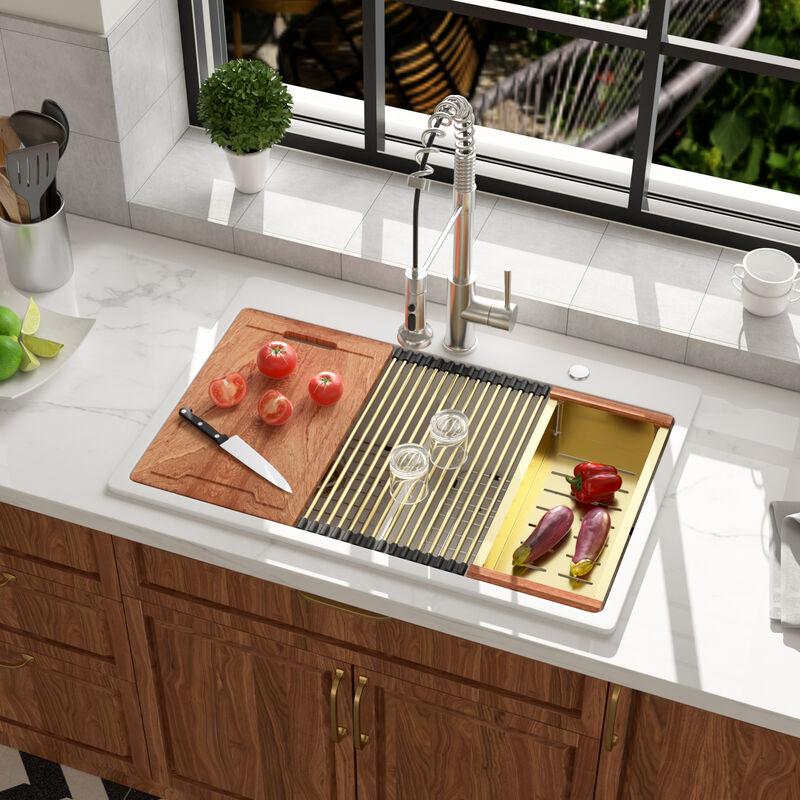 33x22x10 Inch White Granite Composite Workstation kitchen Sink Low Divide 50/50 Double Bowl Quartz Drop In Kitchen Sink