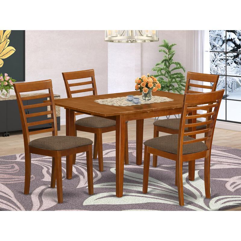 East West Furniture 5 Pc set Milan with Leaf and 4 Fabric Dinette Chairs in Saddle Brown .