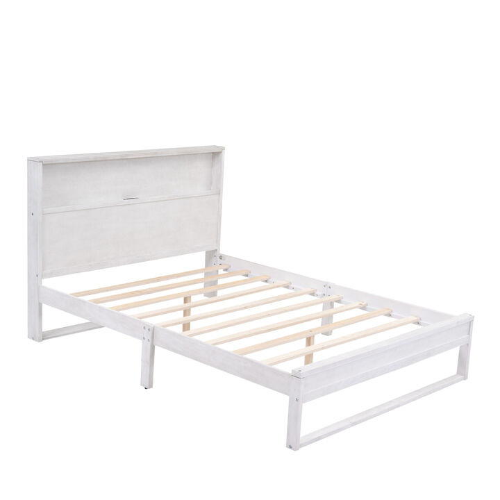 Platform Bed with Storage Headboard,Sockets and USB Ports,Queen Size Platform Bed,Antique White