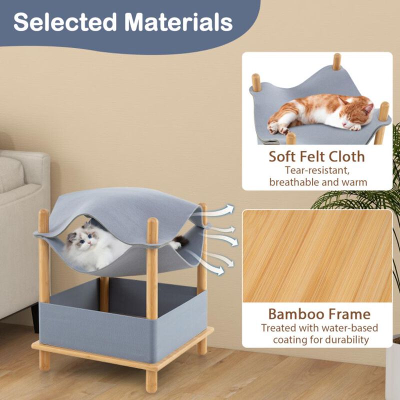 Hivvago 2-Tier Wooden Cat House with Semi-enclosed Condo and Removable Clothes