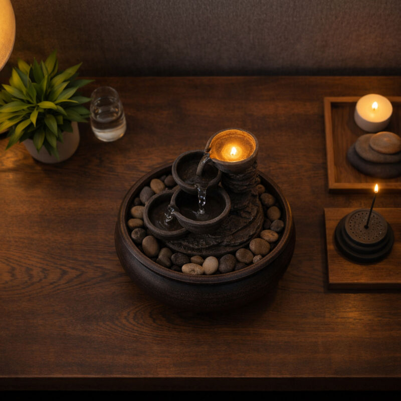 4-Tier Tabletop Water Fountain with LED Lights, Stone Gray image number 7