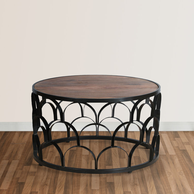 32 Inch Round Coffee Table, Mango Wood Top, Lattice Cut Out Metal Frame, Brown, Black image number 7