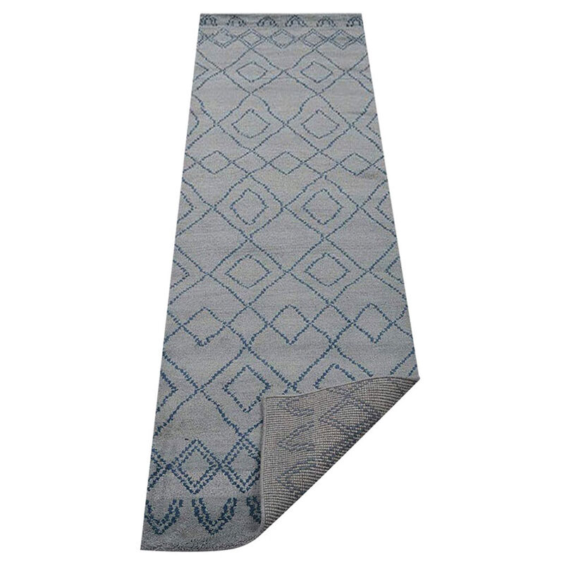 HAND KNOTTED WOOL Geometric AREA RUGS  - 2'6''x10', Runner Shape, Light Blue Blue Color, Geometric Modern, Medium Pile Handmade Area Rugs for Living Room, Bed Room (N01117)