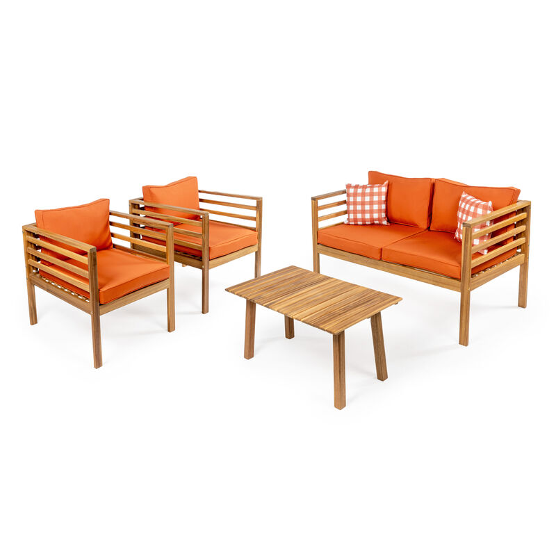 Thom 4-Piece Mid-Century Modern Acacia Wood Outdoor Patio Set with Cushions and Plaid Decorative Pillows